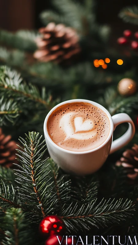 White cup of cocoa with heart foam among fir branches.