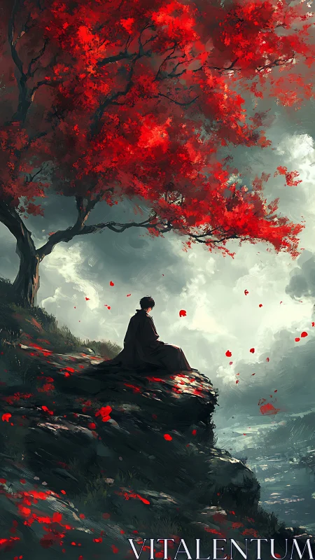 Figure seated on rocky cliff beneath dense red tree canopy.