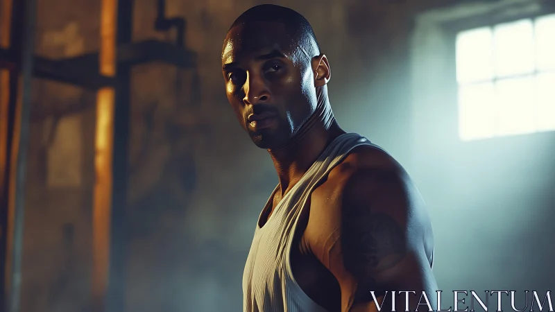 Focused athletic man in moody indoor gym light portrait.