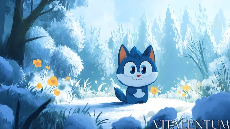 Blue cartoon kitten in bright snowy forest clearing.
