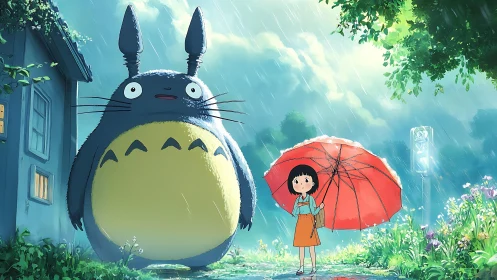 Rainy forest bus stop with gentle giant and red umbrella