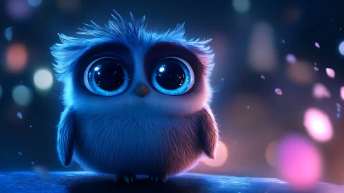 Bioluminescent blue baby owl with oversized glassy eyes at night