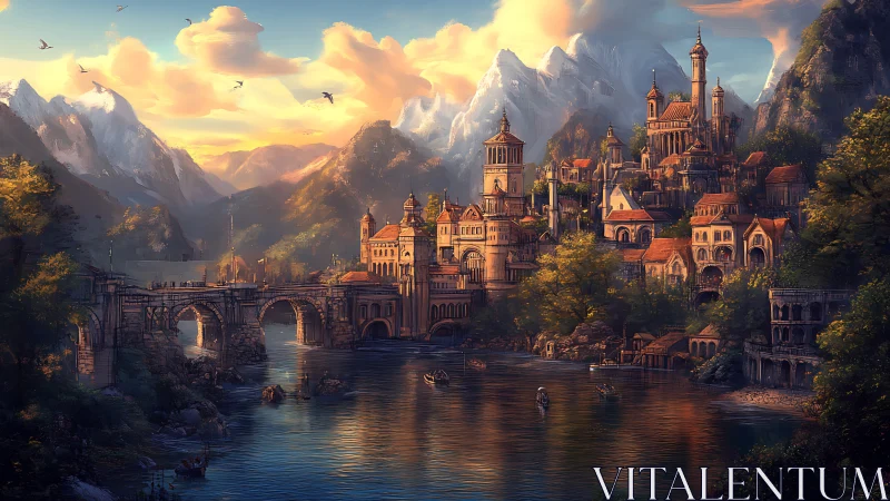 Sunlit river citadel integrates classical masonry and fantasy