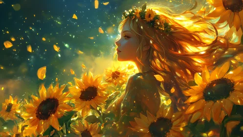 Sunlit girl surrounded by glowing sunflowers at dusk.
