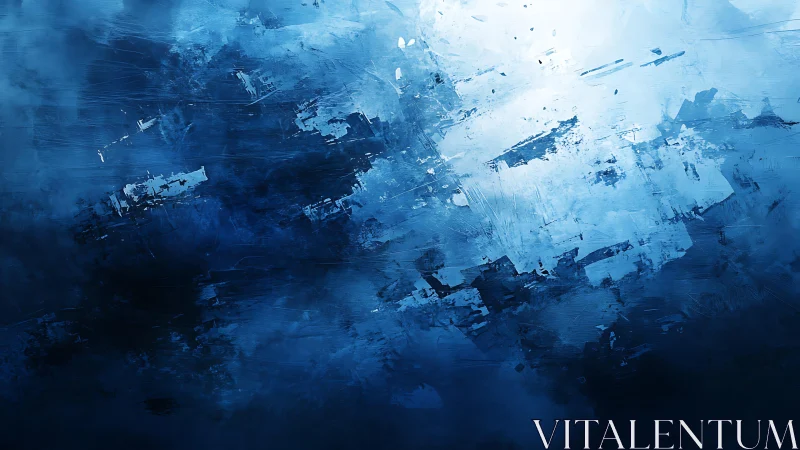 Abstract blue textured painting with dynamic brush strokes.