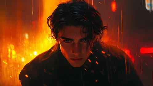 Brooding young man in neon rain, engulfed by fiery light.