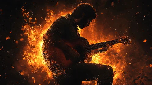 Guitarist silhouette ignites inside swirling inferno flames.