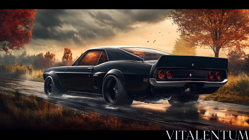 Autumn highway muscle car rendered in cinematic sunset light.