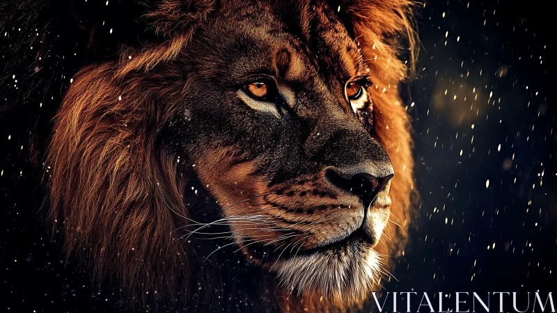 Majestic lion portrait under drifting golden sparks.