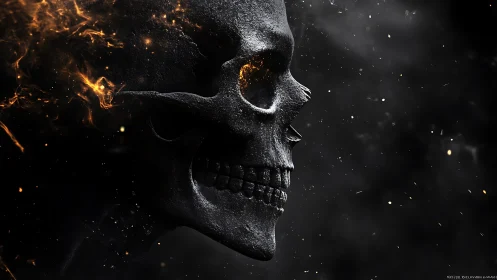 Fiery stone skull profile dissolving into dark embers.