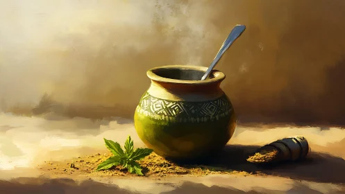 Steam rises from rustic mate gourd under warm sidelight