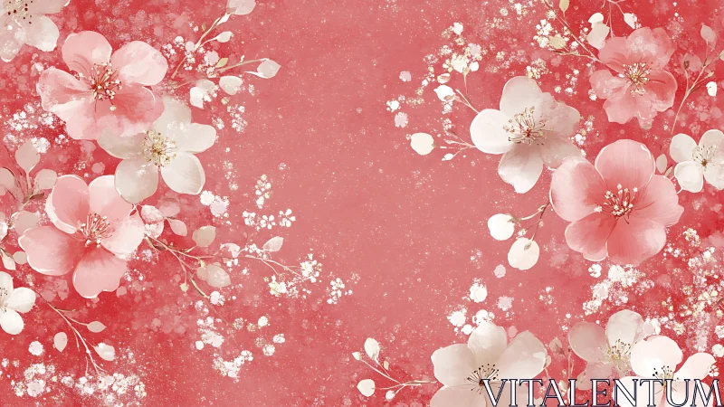 Blossoms bloom across a coral backdrop with soft white flowers dancing through space.