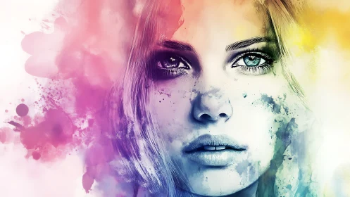 Female face rendered with multicolor abstract wash effects.