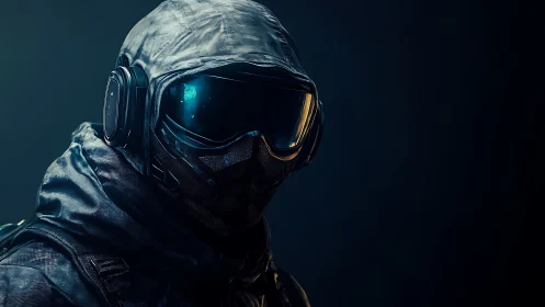 Hooded futuristic operative in reflective visor portrait.