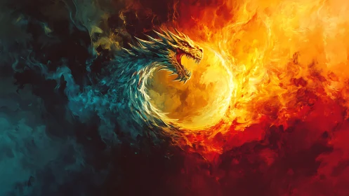 Fiery dragon swirling through light and shadow in stormy sky.