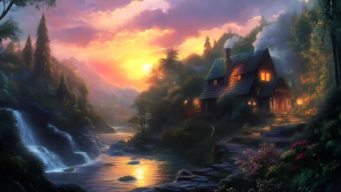 Twilight cabin hum beside a spell-lit mountain river.