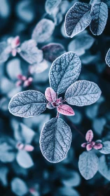 Frosted blue foliage macro with soft cyan depth of field.