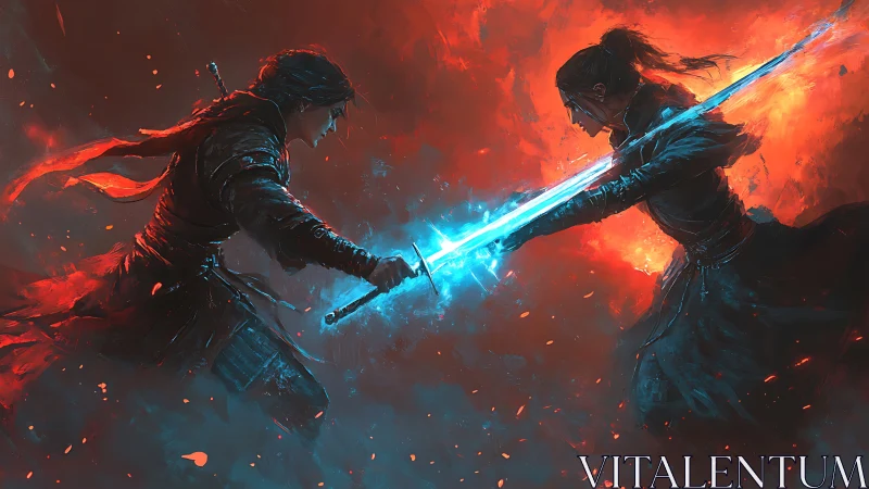 Dueling warriors trade glowing energy blades amid firestorm.