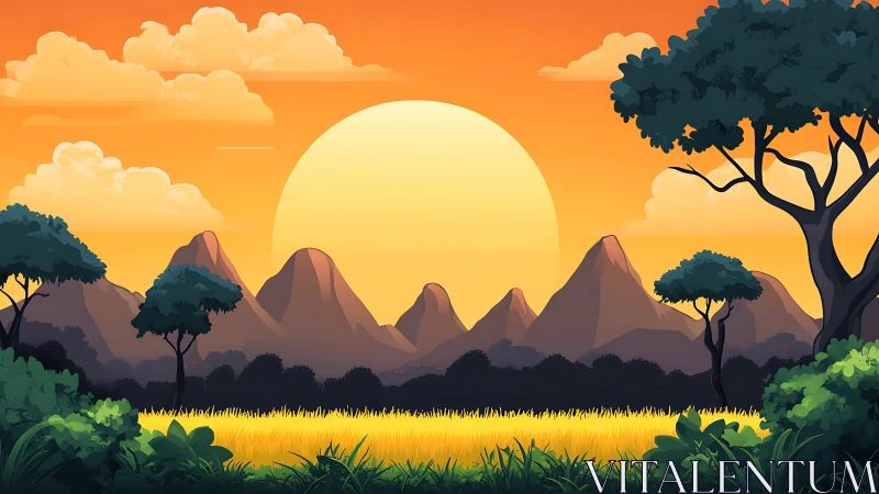 Stylized savanna sunset with layered mountains and silhouetted trees