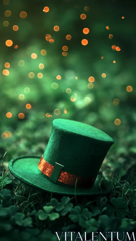 Magical green hat resting softly in a glowing clover field.