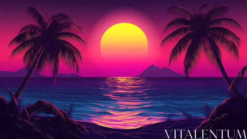Neon tropical sunset over glowing synthwave ocean horizon.