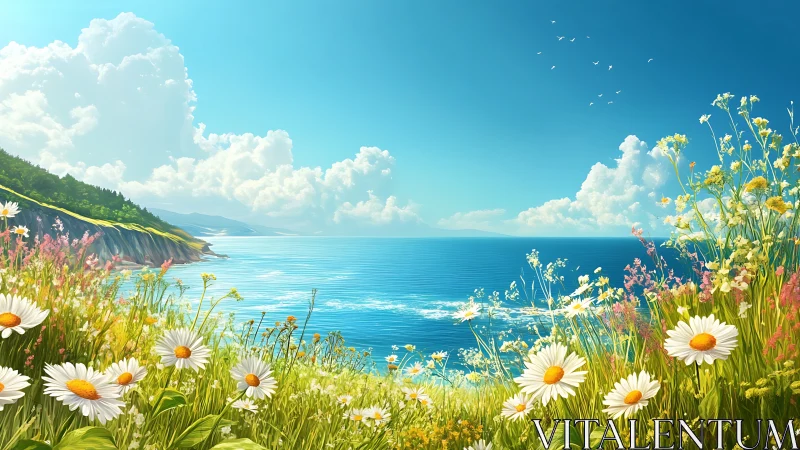 Sunlit coastal meadow overlooks tranquil azure sea horizon