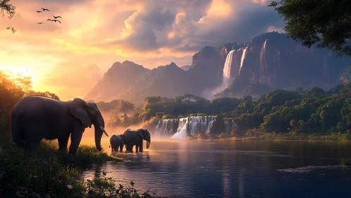 Elephant herd at reflective river beneath stratified waterfalls.