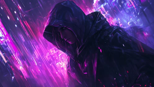 Cyberpunk hooded figure under neon rain at night.
