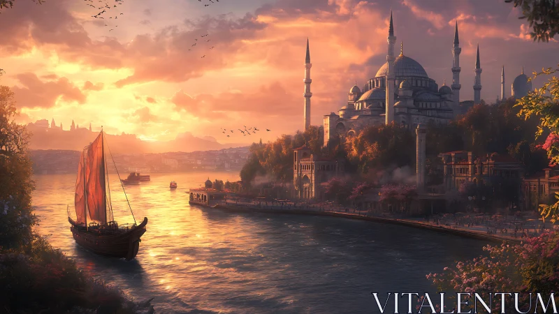 Sunlit sails drifting past a golden riverside cityscape.