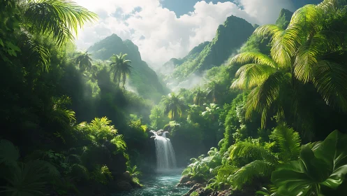 Lush tropical waterfall valley under misty mountain light.