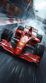 Red formula racer slicing through a rainy city circuit.