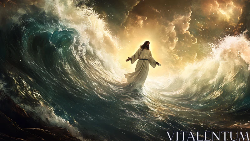 Figure in white robe standing amid towering ocean waves.