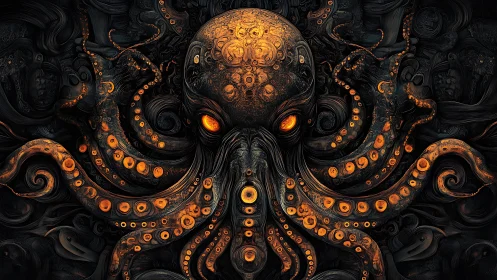 Molten-eyed eldritch octopus in baroque swirling abyss.