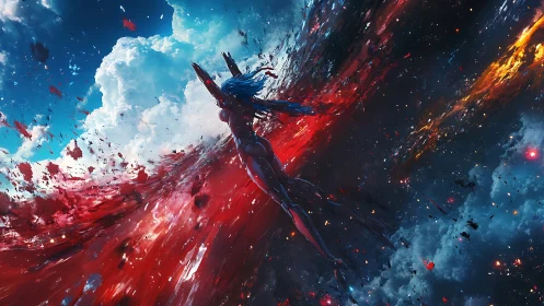 Cybernetic woman ascending through nebula rift and cloud vortex