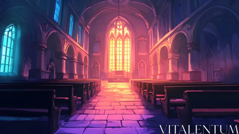 Gothic nave interior in luminous sunset gradient palette.