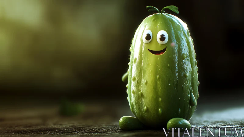 Rendered cucumber character sits on surface under soft light