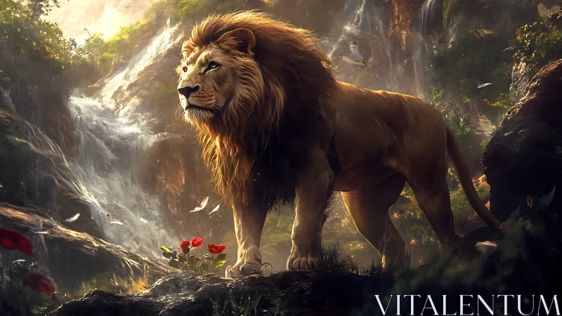 Male lion stands in forest clearing before cascading waterfall