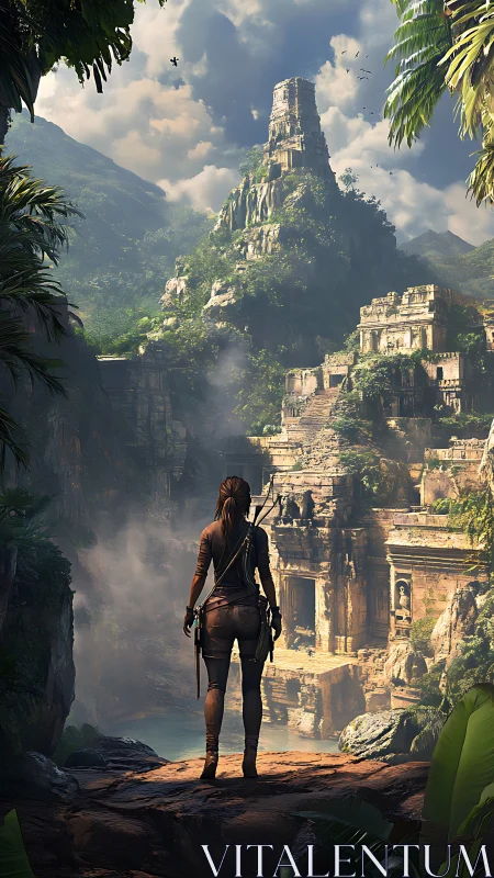 Explorer overlooks sunlit jungle temple complex in misty ravine