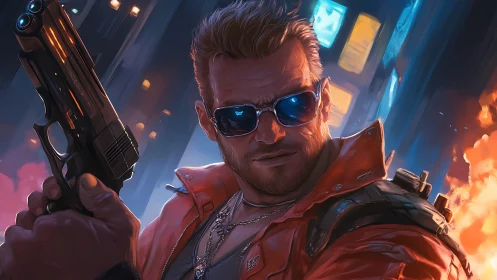 Cyberpunk enforcer with pistol in neon-lit burning alley.