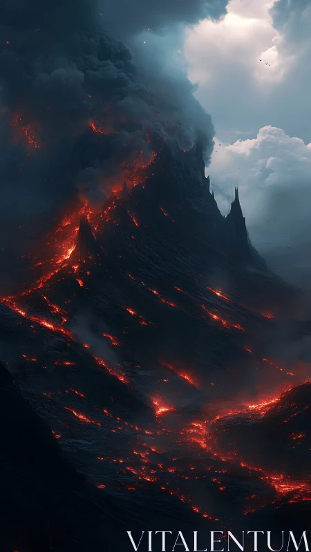 Volcanic mountainside with flowing lava and dense smoke.