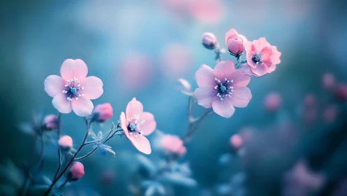 Delicate pink blossoms float against soft teal bokeh backdrop