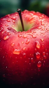 Red apple macro shot shows water droplets on smooth skin