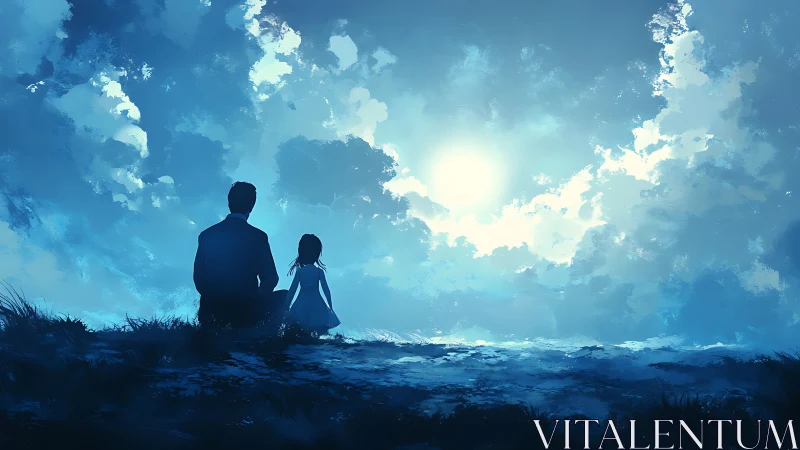 Silhouetted figures contemplating luminous sky with dramatic cloud formations.