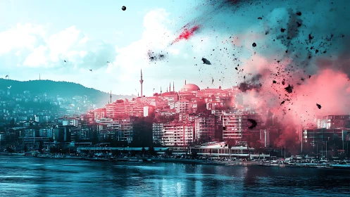 Bicolored urban waterfront under stylized explosive impact effect