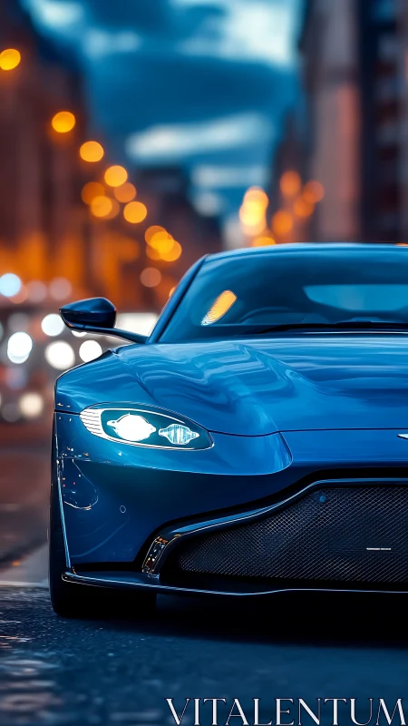 Blue sports car front view on city street at dusk.