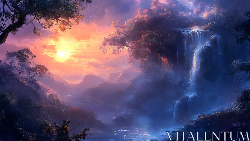 Enchanted twilight waterfall glows beneath a fiery dreamscape