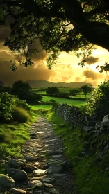 Stone path through rural fields under dramatic sunset sky.