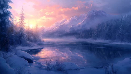 Winter sunrise ignites tranquil river beneath snowy peaks
