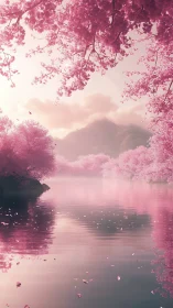 Blush-tinted lake beneath dreamy mountains and drifting petals.