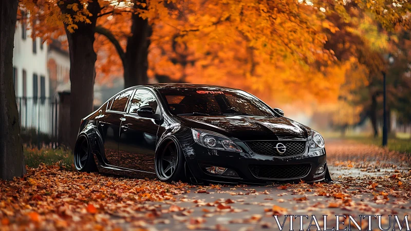 Stanced black sedan with widebody kit under vibrant autumn trees